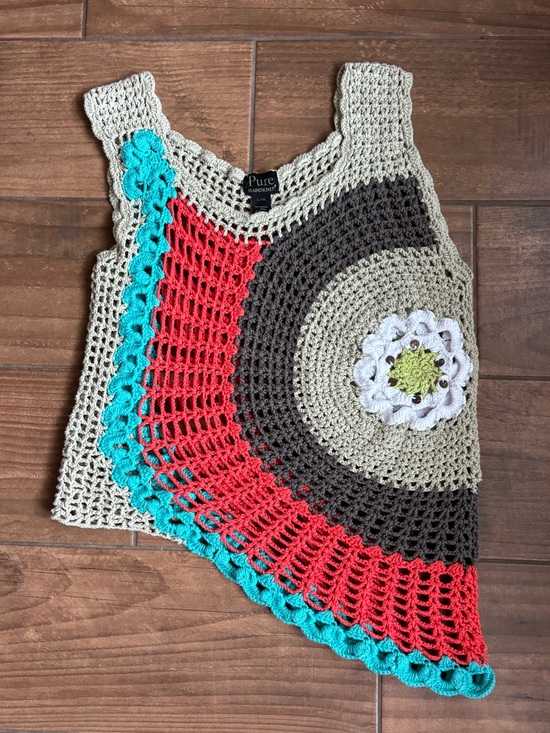 Tops - Pure Handknit L/XL Crochet Cotton Asymmetrical Tank Top Boho Floral Art-to-Wear